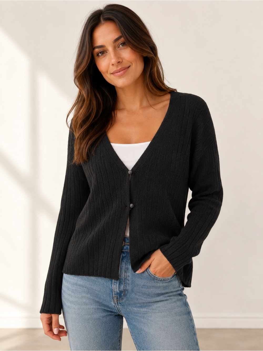 Open Edit Ribbed V-Neck Button Cardigan in Charcoal